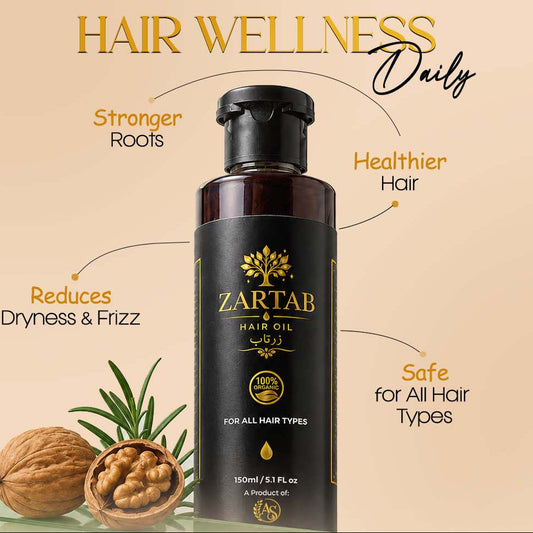 Zartab Hair Oil bottle displayed on a beige promotional background with text callouts about hair wellness benefits, plus walnut and rosemary graphics at the bottom.