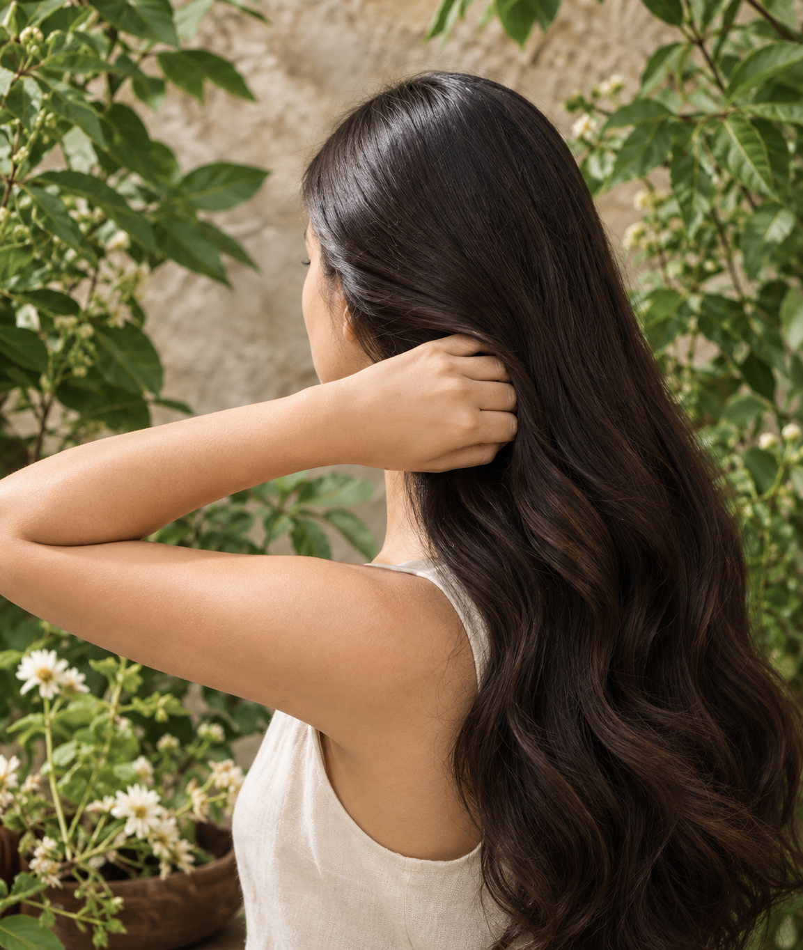 Woman with healthy-looking hair in a natural botanical setting